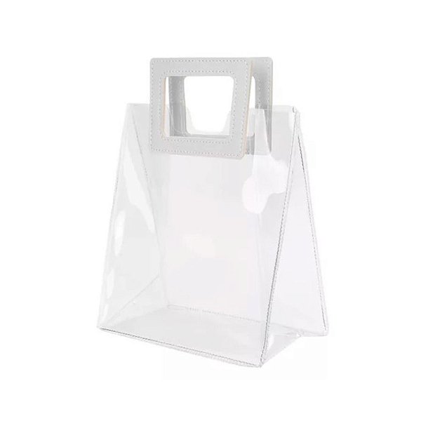 Sacola Transparente PVC com Alça Quadrada de Couro Branco - 20x18x10 - 1 unidade - Rizzo