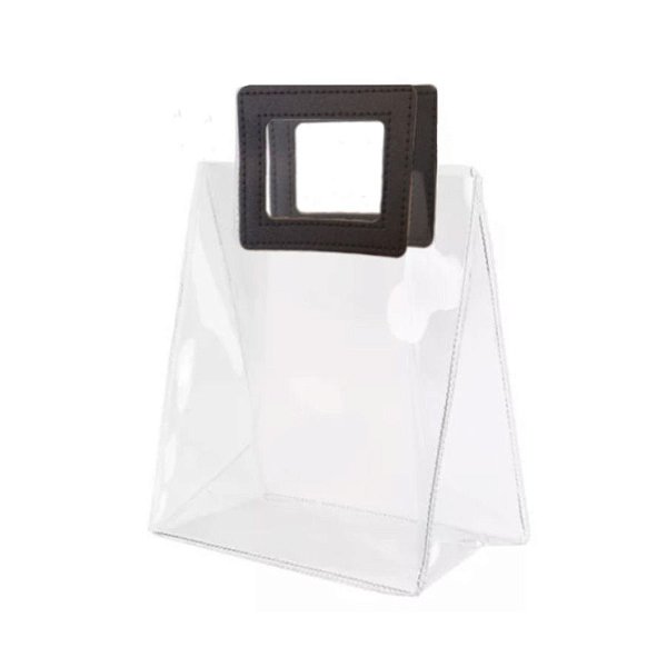 Sacola Transparente PVC com Alça Quadrada de Couro Preta - 20x18x10 - 1 unidade - Rizzo