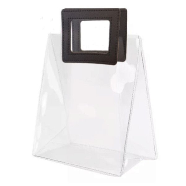 Sacola Transparente PVC com Alça Quadrada de Couro Preta - 26x22x12 - 1 unidade - Rizzo