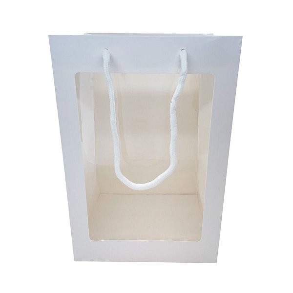 Sacola de Papel com visor de PVC 30x20x16cm - Retangular Vertical - Branca - 1 unidade - Rizzo