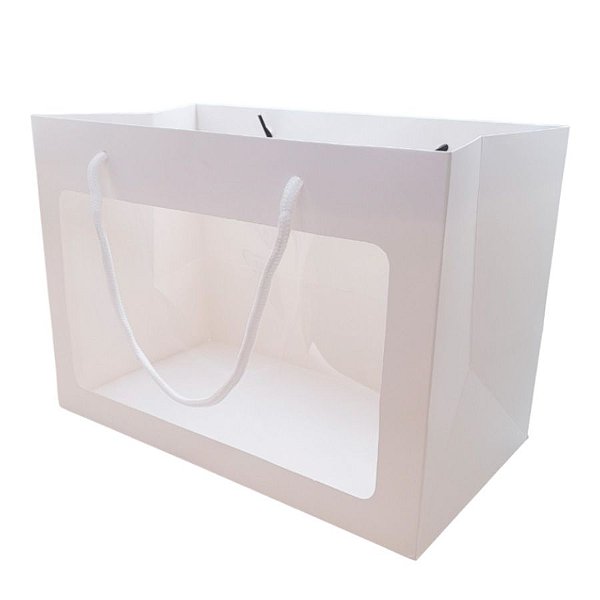Sacola de Papel 25x18x35cm - Retangular Horizontal Branca com Visor - 1 unidade - Rizzo