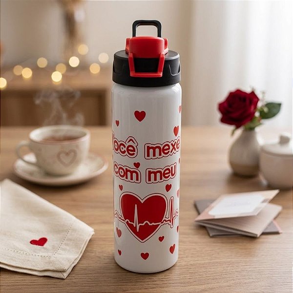 Garrafa Branca de Alumínio - Você Mexe com Meu Coração - 600ml - 1 unidade - Rizzo