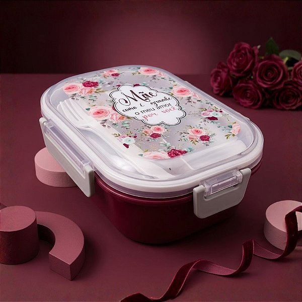 Marmita Vinho com Garfo e Colher e Divisória de 3 Partes - Mãe Como é Grande o meu Amor por Você - 15,8x22cm - 1 unidade