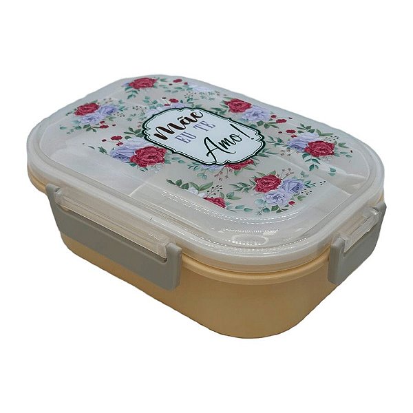 Marmita Azul com Garfo e Colher e Divisória de 3 Partes - Mãe Eu te Amo - 15,8x22cm - 1 unidade - Rizzo