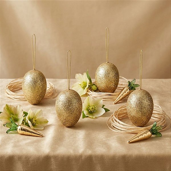 Ovinhos de Páscoa Decorativos para Pendurar - Glitter Ouro - 6cm - 4 unidades - Rizzo