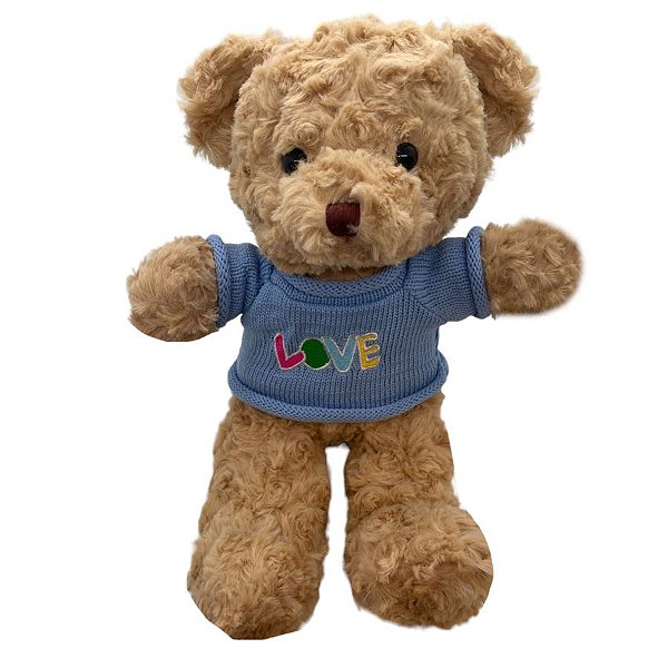 Urso de Pelúcia Marrom com Blusa Love - Azul - 28cm - 1 unidade - Rizzo
