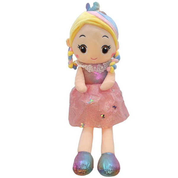 Boneca de Pelúcia com Vestido de Borboletas - Rosa - 52cm - 1 unidade - Rizzo