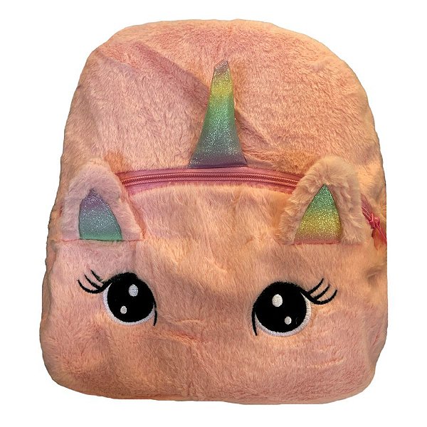 Mochila de Pelúcia Unicórnio Olhos Grandes - Rose - 30x35cm - 1 unidade - Rizzo