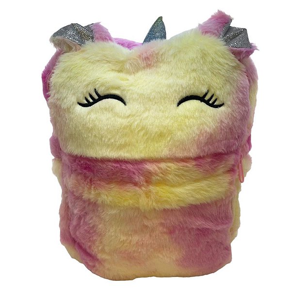 Mochila de Pelúcia Unicórnio - Rosa e Amarelo - 25x30cm - 1 unidade - Rizzo