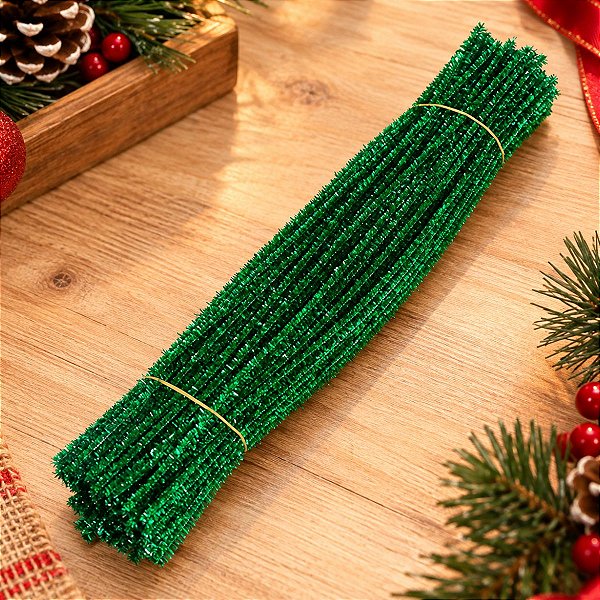 Haste de Chenille Glitter 30 cm - Verde - 100 unidades - Rizzo