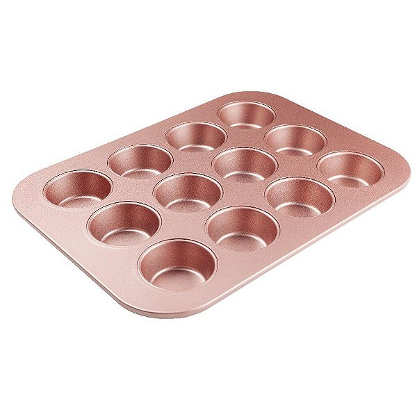 Forma De Aço Carbono Cupcake - 12 Cavidades - Rose Gold - 1 unidade - Cromus Linha Profissional Allonsy - Rizzo