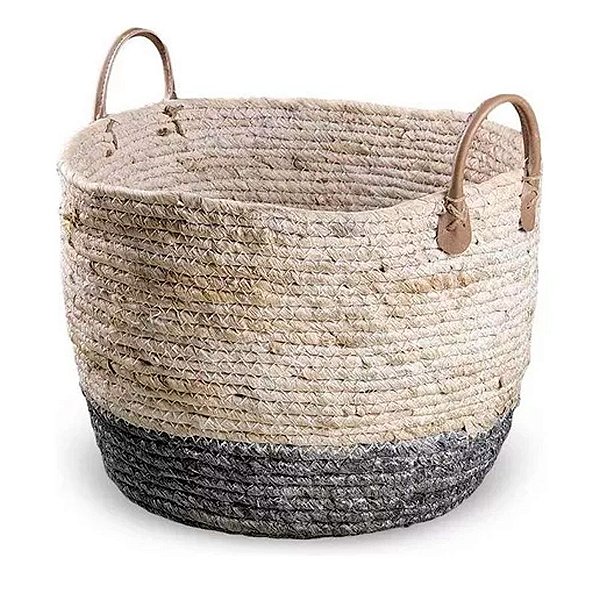 Cesto decorativo Elegance de Seagrass Natural e Cinza com alça - 24x24x19cm - 1 unidade - Rizzo