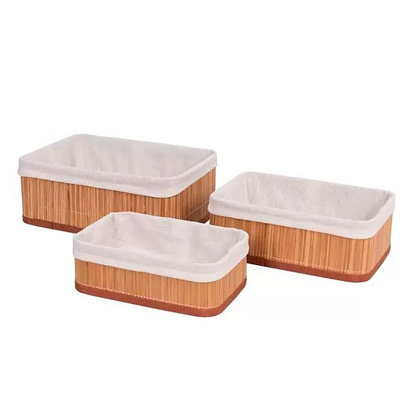 Kit Cesta Decorativa de Bambu com Forro de Tecido  - 3 unidades - Rizzo