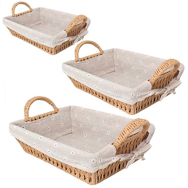 Kit Cesta Decorativa Acafate de Fibra Natural e Forro  - 3 unidades - Rizzo
