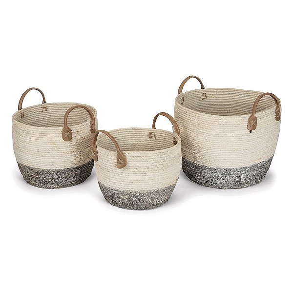 Kit Cesto decorativo Elegance de Seagrass Natural e Cinza com alça - 3 unidades - Rizzo