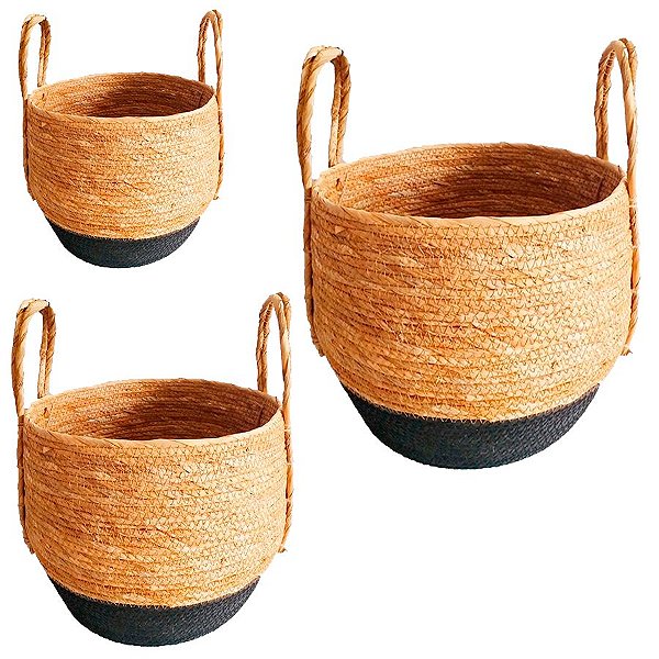 Kit Cesto Decorativo Paracanass de Seagras Natural e Preto com Alça - 3 unidades - Rizzo