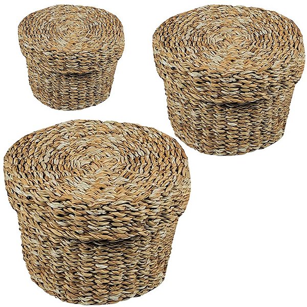 Kit Cesta Decorativa Carajas de Seagrass com Tampa - 3 unidades - Rizzo