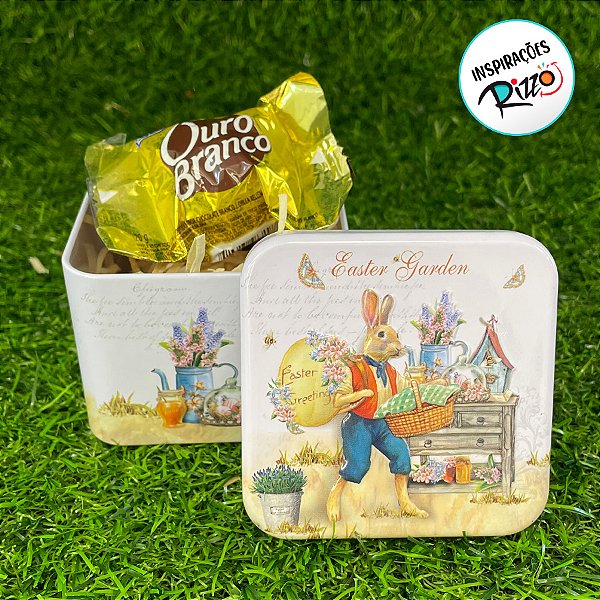 Lata de Metal de Páscoa - Coelho com Cestas - 6,5x7,5cm - 1 unidade - Rizzo