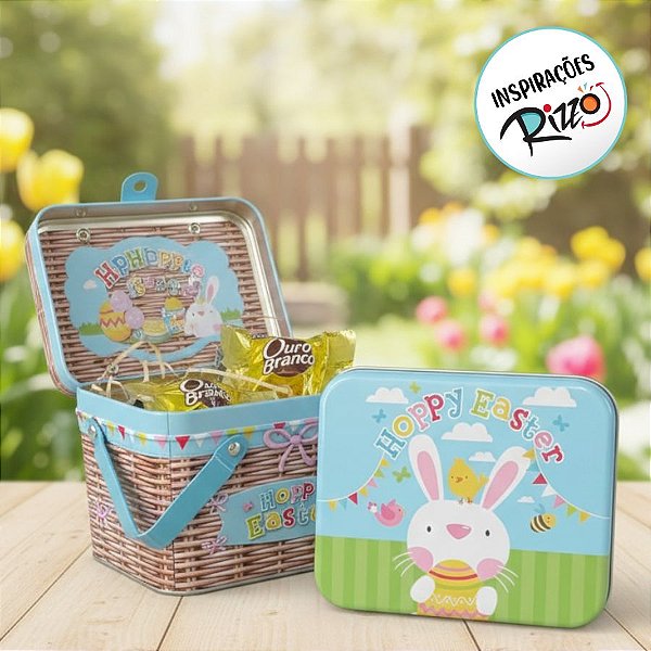 Lata de Metal Retangular com Alça Dupla de Páscoa - Hoppy Easter - 15,3x12,7x10,6cm - 1 unidade - Rizzo