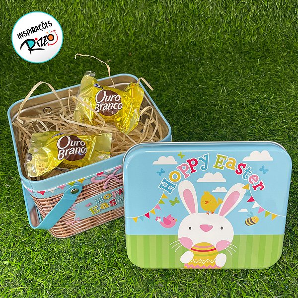 Lata de Metal Retangular com Alça Dupla de Páscoa - Hoppy Easter - 15,3x12,7x10,6cm - 1 unidade - Rizzo