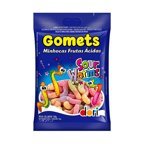 Bala de Goma Gomets Minhocas de Frutas Ácidas - 150g - 1 unidade - Dori - Rizzo