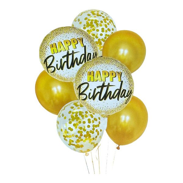 Kit Buquê Balões Happy Birthday Dourado - Buquê com 7 Balões  - 1 unidade - Rizzo
