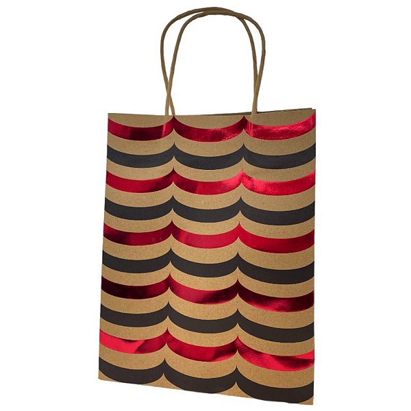 Sacola de Papel Kraft para Presente Ondulada Metalizada - Vermelha - 31x25x11cm - 1 unidade - Rizzo