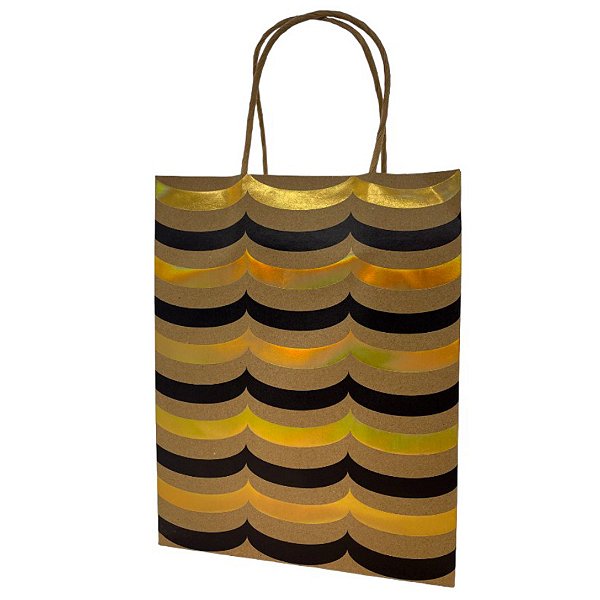 Sacola de Papel Kraft para Presente Ondulada Metalizada - Dourada - 31x25x11cm - 1 unidade - Rizzo