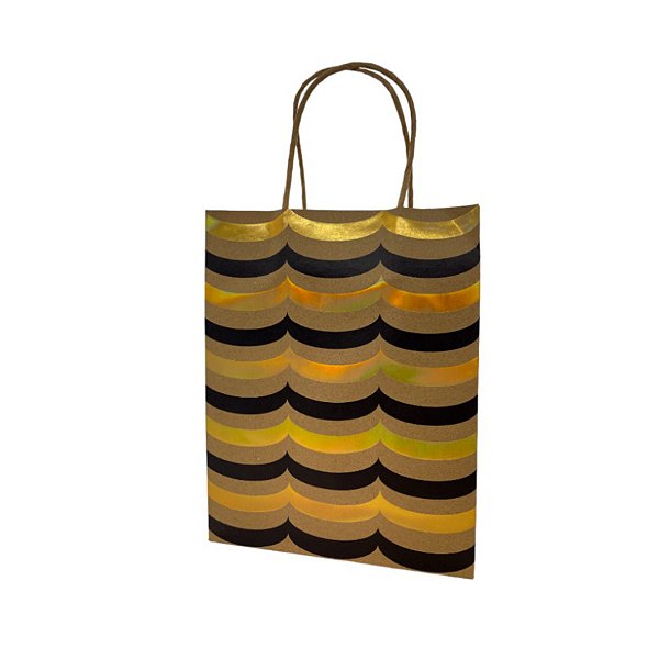 Sacola de Papel Kraft para Presente Ondulada Metalizada - Dourada - 23x18x10cm - 1 unidade - Rizzo