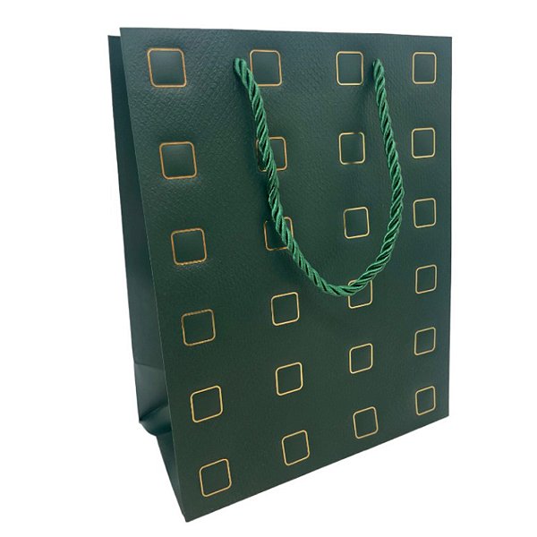 Sacola de Papel para Presente Quadrados Almofadados - Verde - 32x26x12cm - 1 unidade - Rizzo