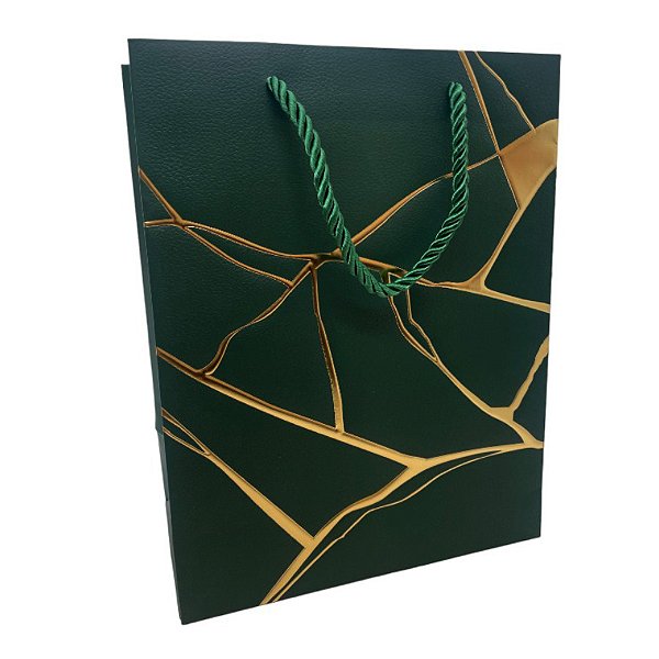 Sacola de Papel para Presente Marmorizada - Verde - 32x26x12cm - 1 unidade - Rizzo