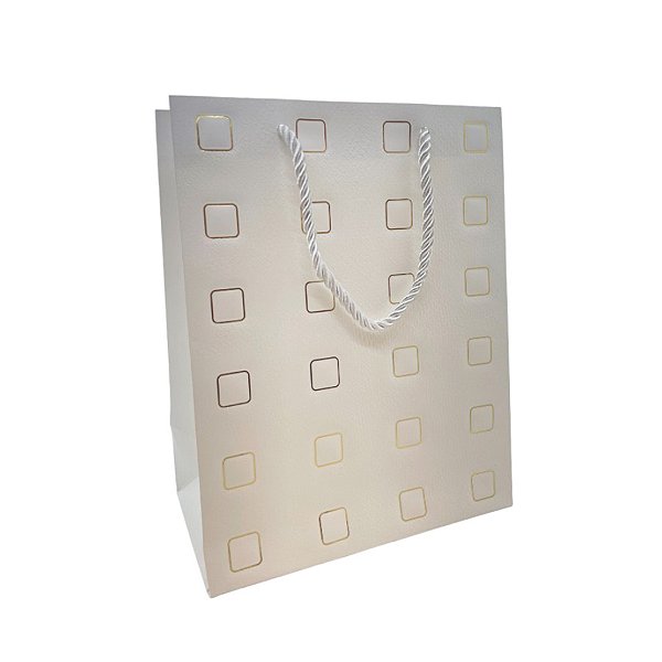 Sacola de Papel para Presente Quadrados Almofadados - Branca - 23x18x10cm - 1 unidade - Rizzo