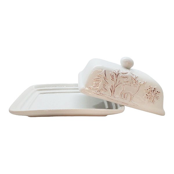 Manteigueira Decorativa de Cerâmica de Natal - Estrela Floresta Branca - 18,5x13cm - 1 unidade - Rizzo