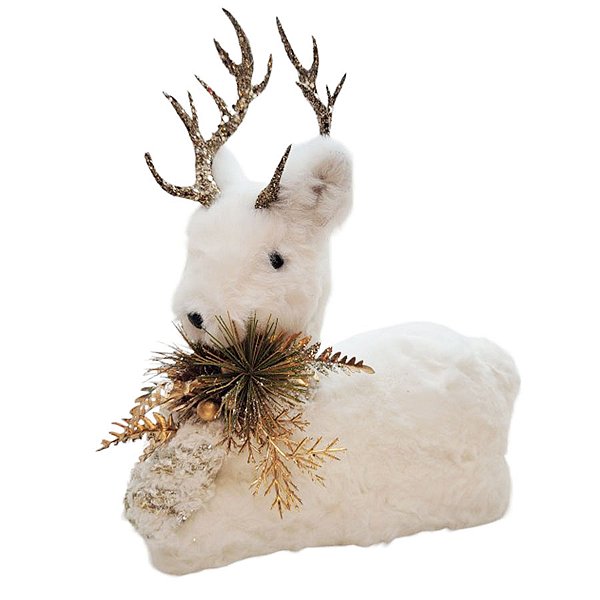 Enfeite de Natal - Rena Deitada Branca Chifre Dourado - 19x8x20cm - 1 unidade - Rizzo