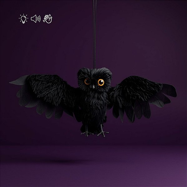 Enfeite Decorativo de Halloween com Som, Luz e Movimento - Coruja de Salém - 20cm - 1 unidade - Cromus - Rizzo