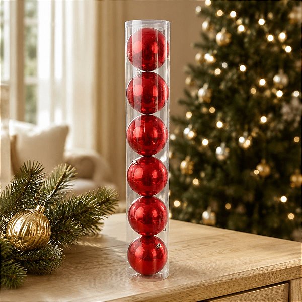 Bola de Natal em Tubo - Vermelho Perolado - 10cm - 6 unidades - Cromus - Rizzo