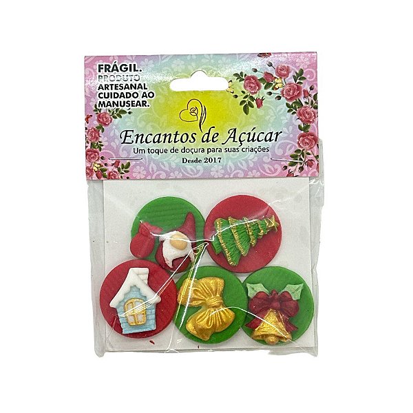 Confeitos de açucar - Sortido Árvore, Laço Dourado, Sino, Janelinha e Papai Noel - 5 unidades - Encantos de Açúcar - Riz