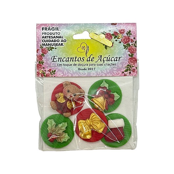 Confeitos de açucar - Sortido Ursinho, Sino, Meia, Laço Dourado e Azevinho - 5 unidades - Encantos de Açúcar - Rizzo