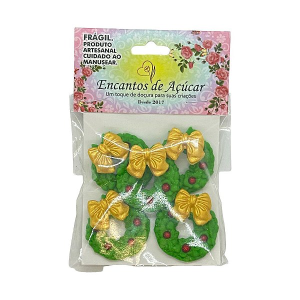 Confeitos de açucar - Guirlanda de Natal Verde com Laço Dourado - 5 unidades - Encantos de Açúcar - Rizzo