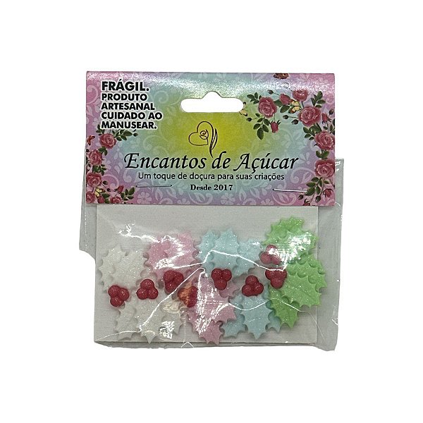 Confeitos de áçucar - Azevinho com Folhas Coloridas e Glitter - 8 unidades - Encantos de Açúcar - Rizzo