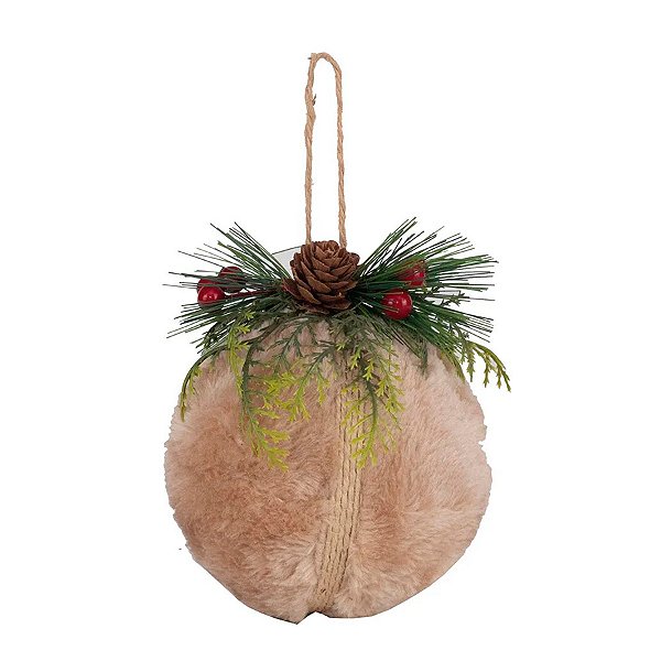 Bola de Natal Rústica Pelúcia - Marrom, Vermelho e Verde - 10cm  - 4 unidades - Cromus - Rizzo