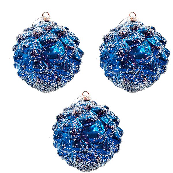 Bola de Natal Texturizada - Azul e Neve - 10cm - 3 unidades - Rizzo