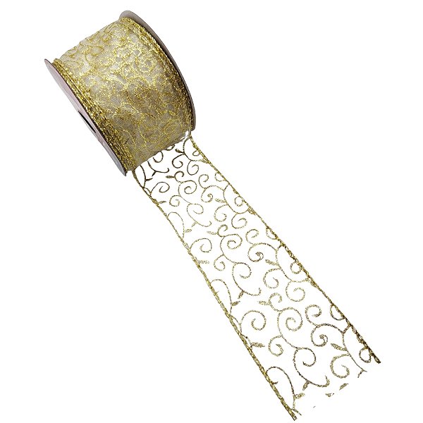 Fita Decorativa - Tule com Arabescos Dourados - 6x914cm - 1 unidade - Rizzo