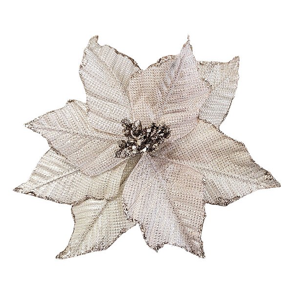 Poinsétia Decorativa - Champanhe com Glitter e Presilha - 22cm - 1 unidade - Rizzo