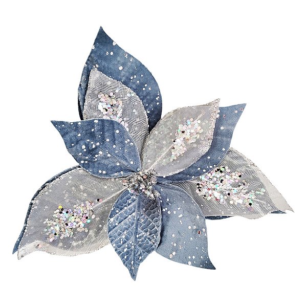 Poinsétia Decorativa - Tecido Azul e Glitter Prata - 45cm - 1 unidade - Rizzo