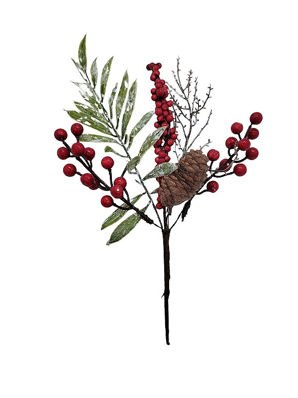 Galho Decorativo de Natal - Pinhas e Frutinhas Vermelhas - 31cm - 1 unidade - Rizzo