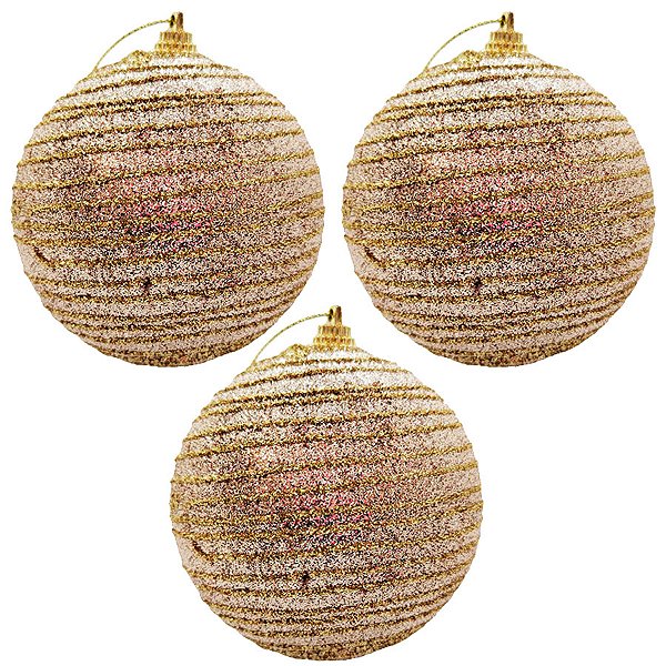 Bola de Natal Glitter - Dourada - 8cm - 3 unidades - Rizzo