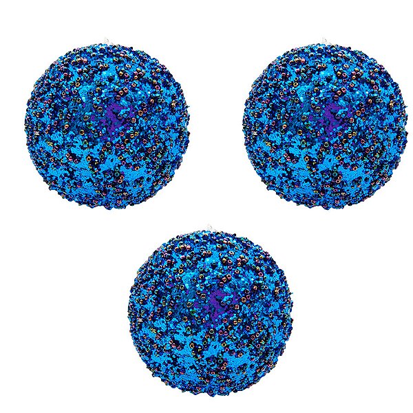 Bola de Natal Glitter - Azul com Miçangas - 10cm - 3 unidades - Rizzo