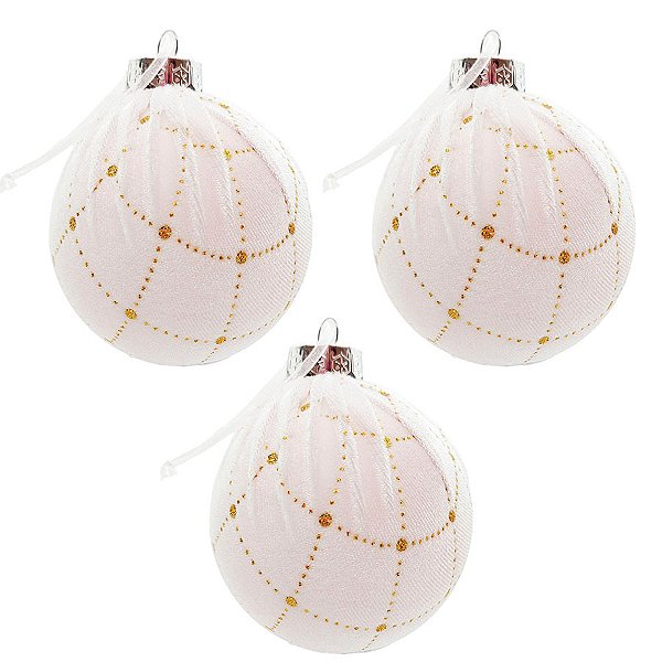 Bola de Natal Tecido - Branco com Dourado - 10cm - 3 unidades - Rizzo