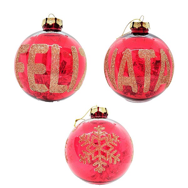 Bola de Natal Glitter - Vermelha - "Feliz Natal" - 10cm - 3 unidades - Rizzo